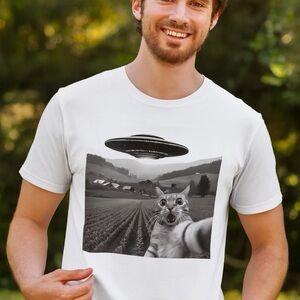 Men's White Graphic Tee with UFO and Cat Print